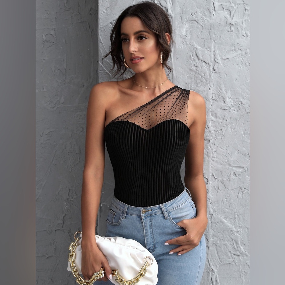 SHEIN Black One-Shoulder Mesh Trim Ribbed Cami